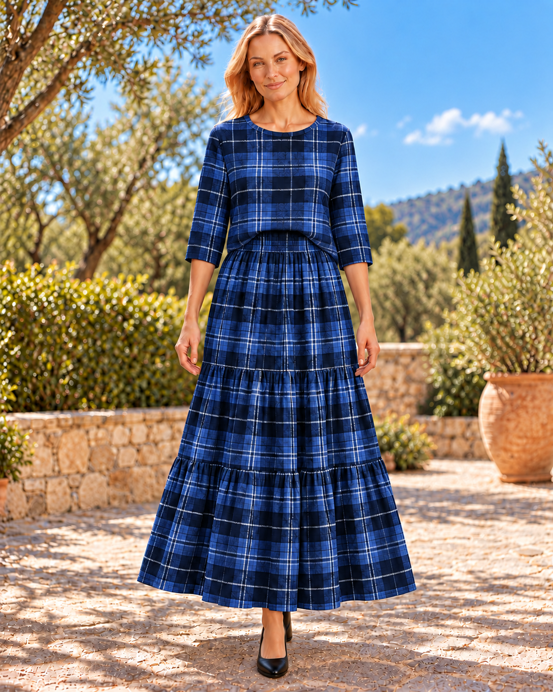 Celeste Blue Checkered coordinating textured knit top and tiered skirt two-piece set