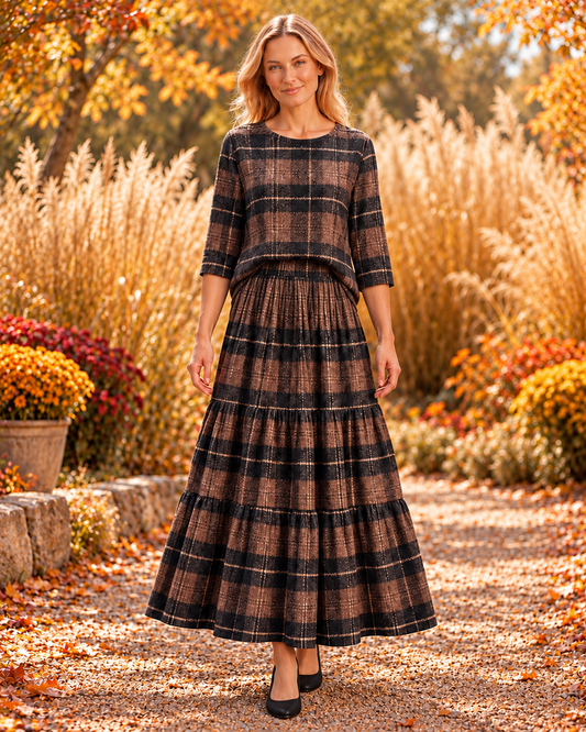 Celeste Brown Checkered coordinating textured knit top and tiered skirt two-piece set