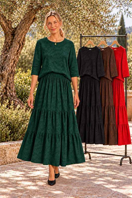 Celeste Hunter Green coordinating textured knit top and tiered skirt two-piece set