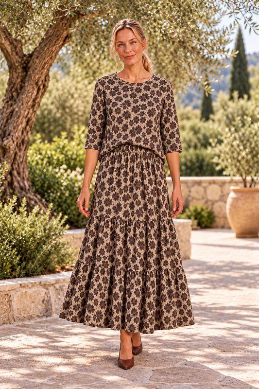 Celeste Leopard coordinating textured knit top and tiered skirt two-piece set