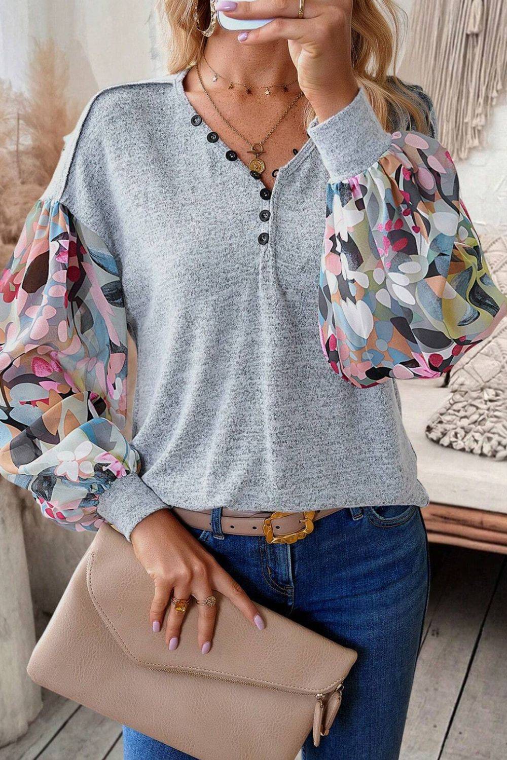 Printed Lantern Sleeve Buttoned V Neck Top