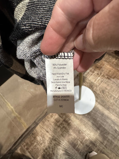 Chris & Carol black and cream buffalo check top fabric and care tag