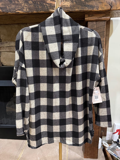 Chris & Carol black and cream buffalo check cowl-neck top front view