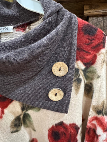 Chris & Carol cream rose floral top cowl and button detail