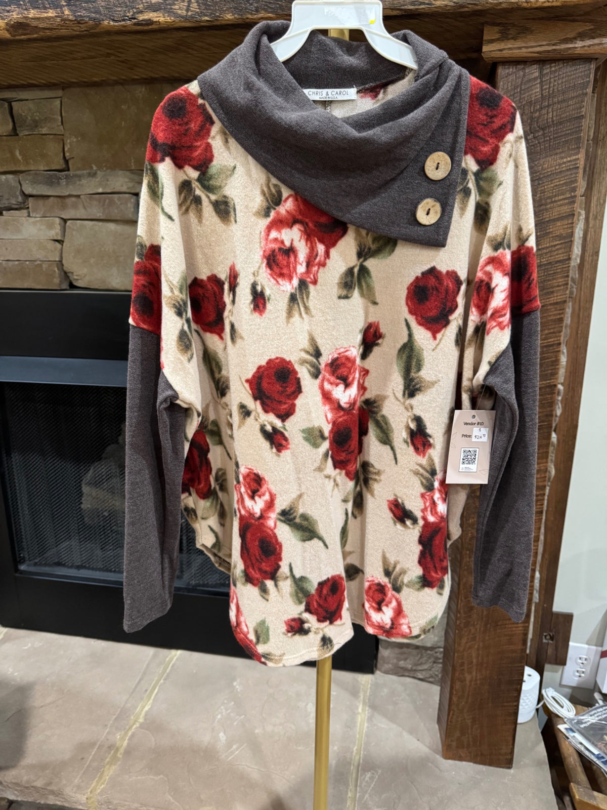 Chris & Carol cream rose floral cowl-neck top front view