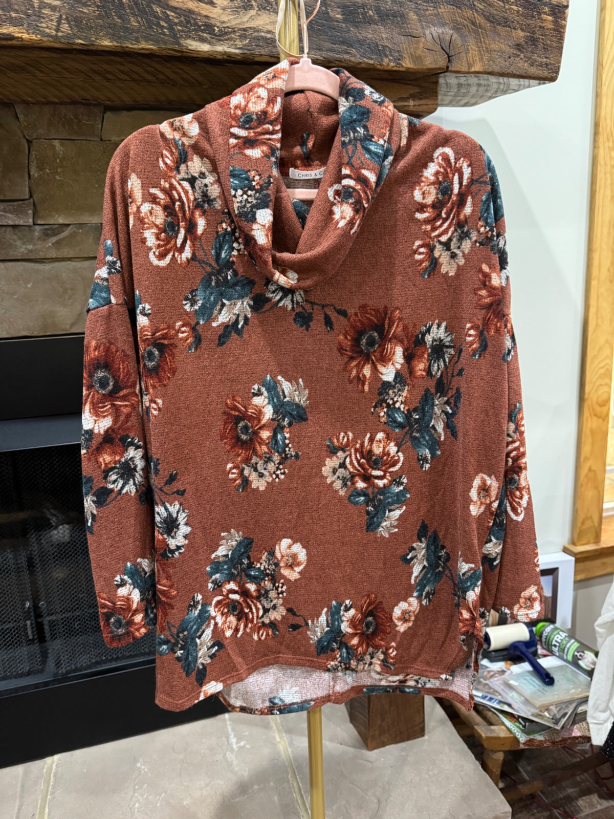 Chris & Carol rust floral cowl-neck top front view
