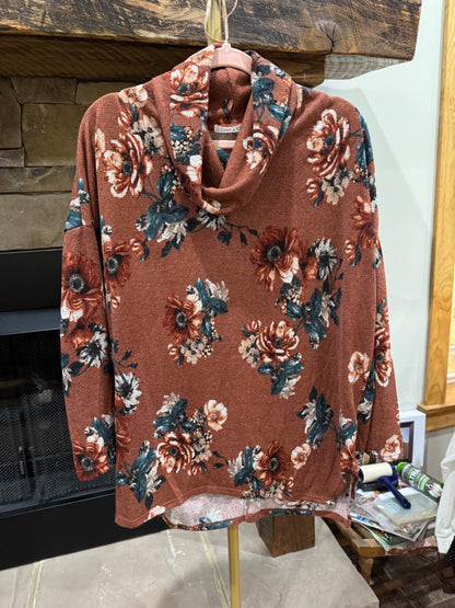 Chris & Carol rust floral cowl-neck top front view