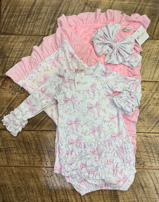 Clover Cottage newborn gift set with pink gown, matching headwear, and soft blanket for baby girl.
