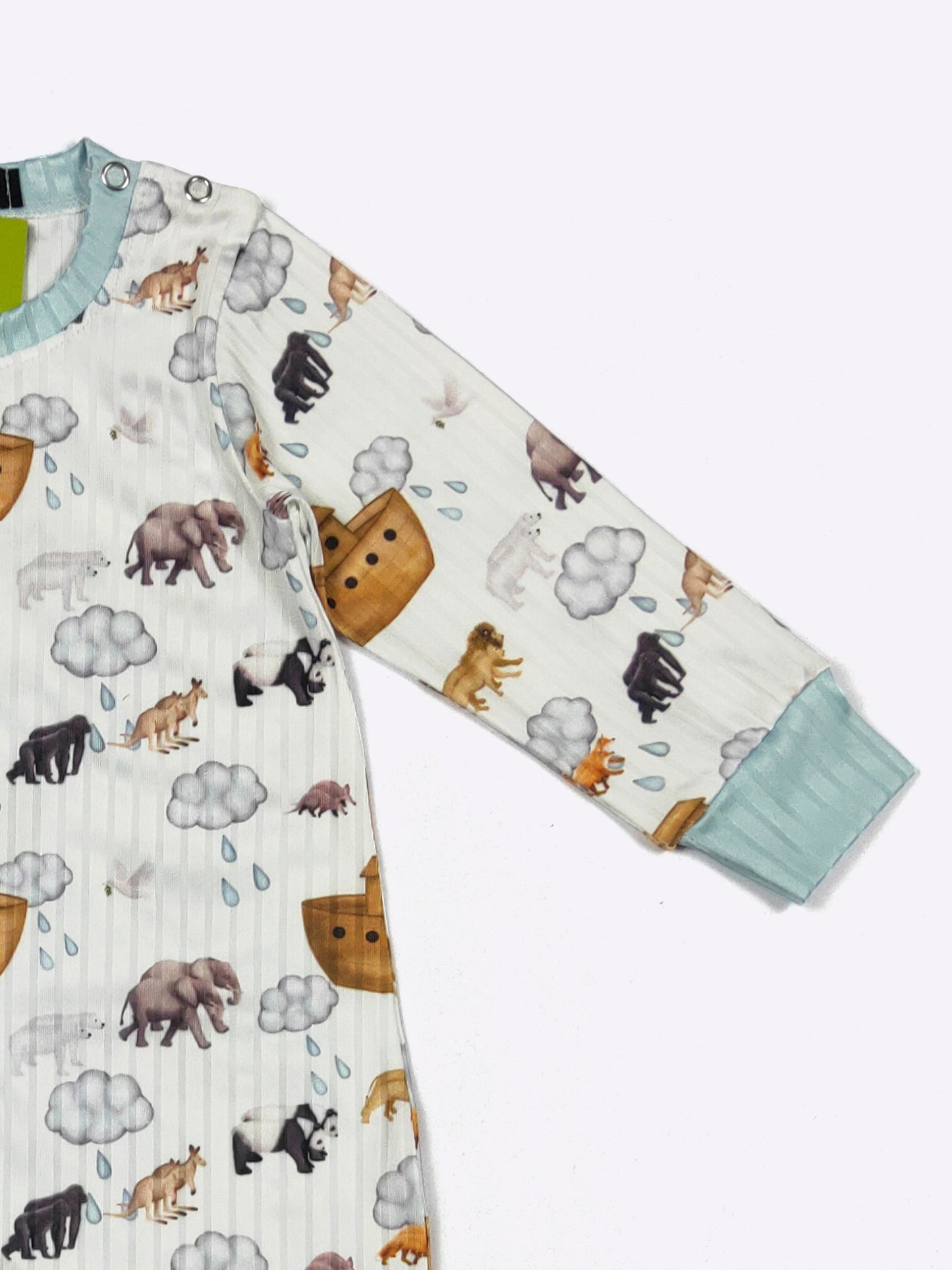 Blue Noah's Ark boy romper by Clover Cottage, featuring a cute animal print for infants aged 0-6 months.