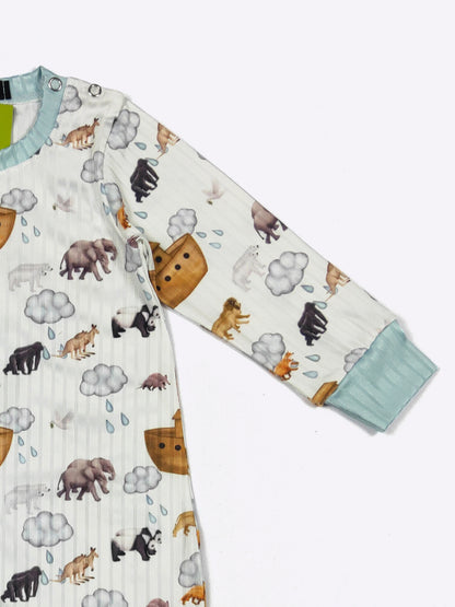 Blue Noah's Ark boy romper by Clover Cottage, featuring a cute animal print for infants aged 0-6 months.