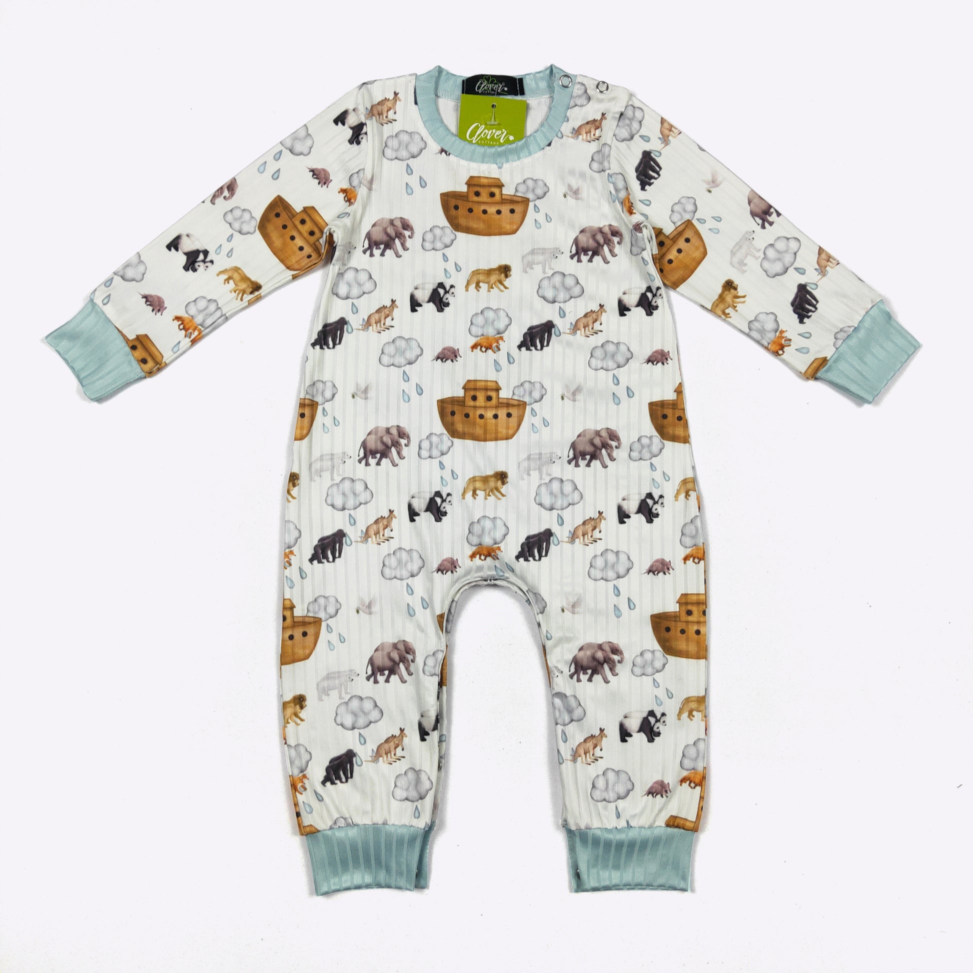 Blue Noah's Ark boy romper by Clover Cottage, soft fabric with cute animal print for babies aged 0-6 months.