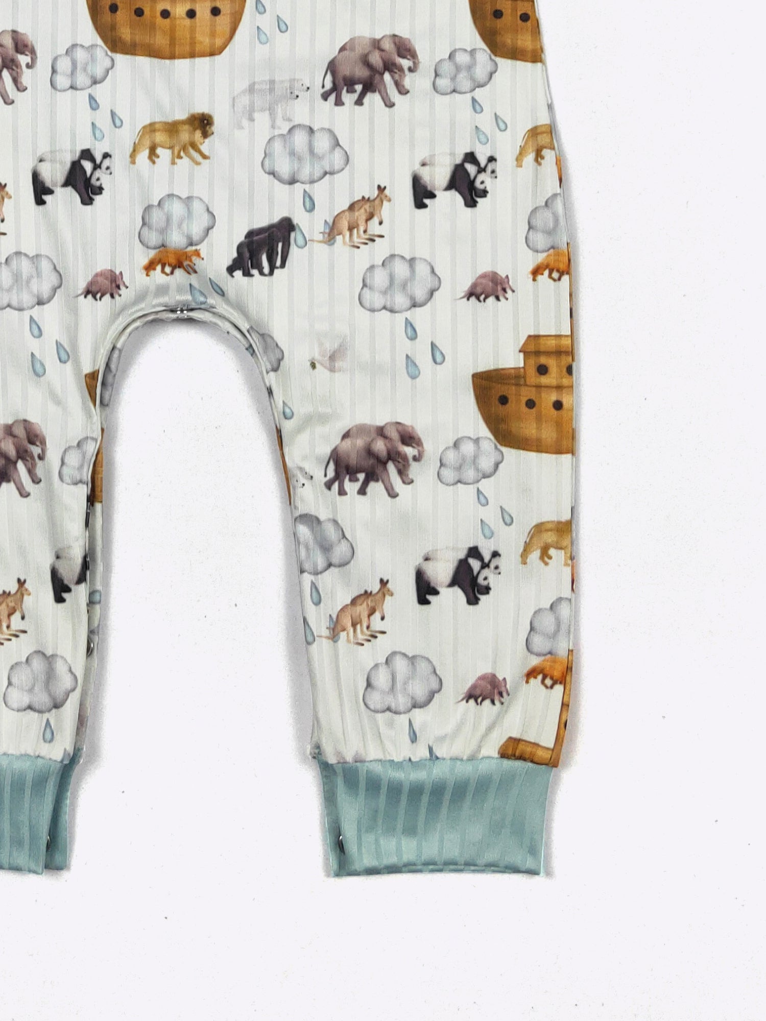 Blue Noah's Ark boy romper by Clover Cottage for 0-6 months, featuring playful animal prints and soft, comfortable fabric.
