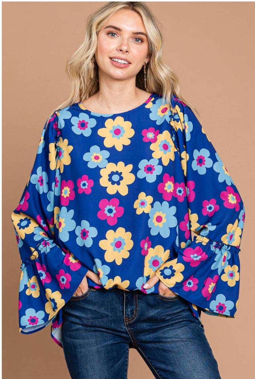 Cotton Bleu women's long sleeve floral ruffle top in multicolor, lightweight cotton fabric with feminine ruffle details.