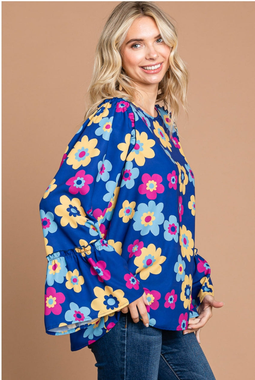 Cotton Bleu women's floral ruffle long sleeve top in multicolor cotton fabric, stylish and lightweight for casual wear.