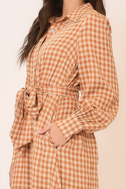 Gingham long sleeve button-down tie waist maxi dress by Cozy Co, featuring a classic pattern and flowing silhouette.