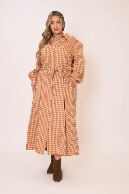 Gingham long sleeve button-down tie waist maxi dress from Cozy Co, features a classic pattern and flowing silhouette.