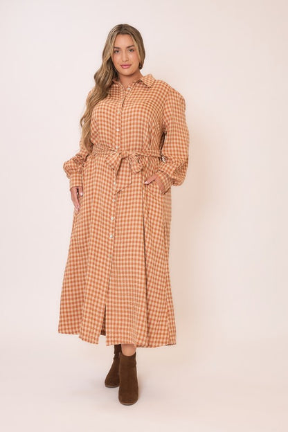 Gingham long sleeve button-down tie waist maxi dress from Cozy Co, features a classic pattern and flowing silhouette.