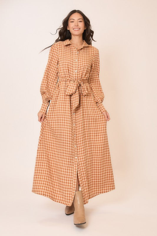 Gingham long sleeve button-down tie waist maxi dress from Cozy Co, featuring a classic pattern and flowing silhouette.
