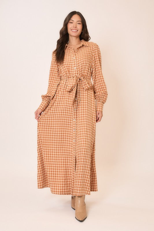 Gingham long sleeve button-down maxi dress with tie waist from Cozy Co, casual and stylish for everyday wear.
