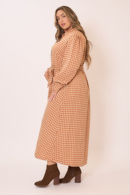 Gingham long sleeve button-down tie waist maxi dress from Cozy Co, featuring a classic pattern and flowing silhouette