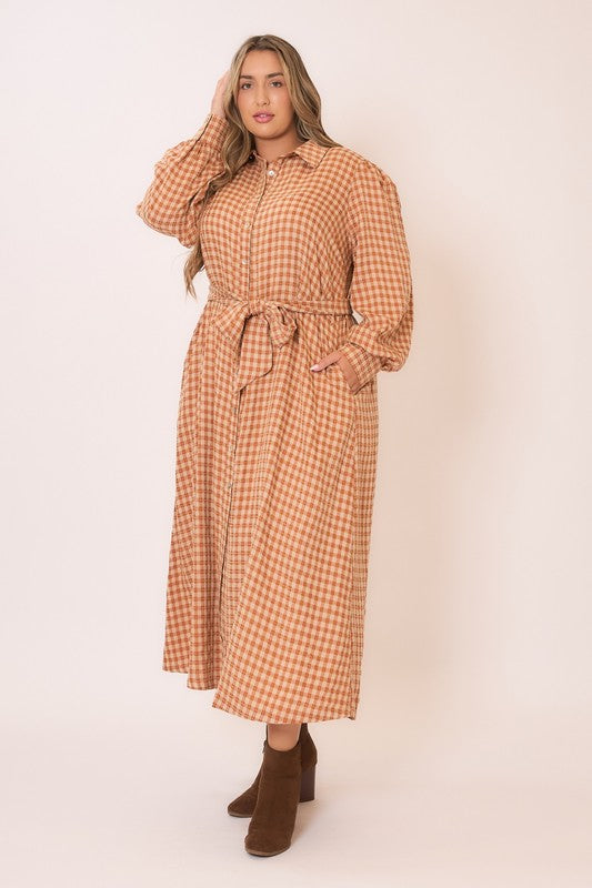 Gingham long sleeve button-down maxi dress with tie waist from Cozy Co, featuring a stylish and comfortable design.