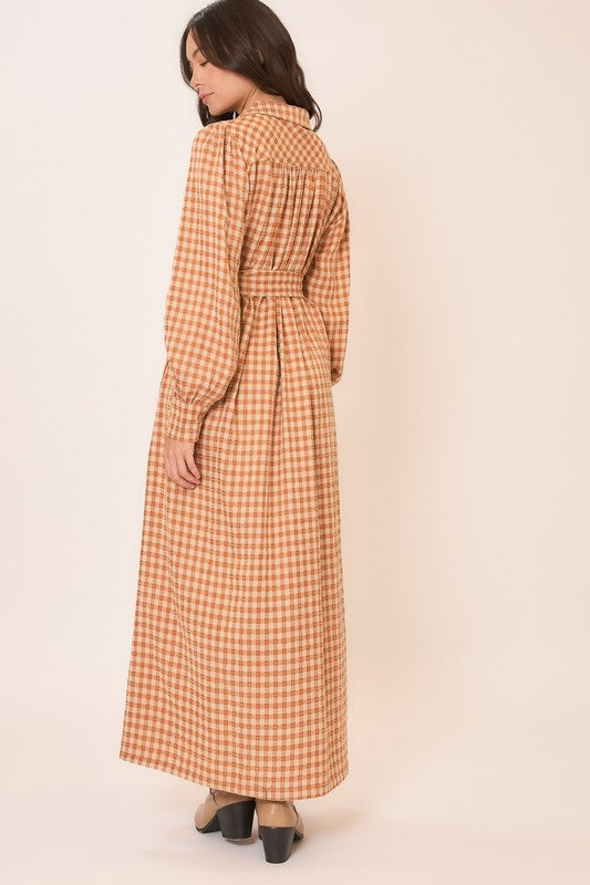 Gingham long sleeve button-down tie waist maxi dress by Cozy Co, featuring a classic pattern and flowing silhouette.