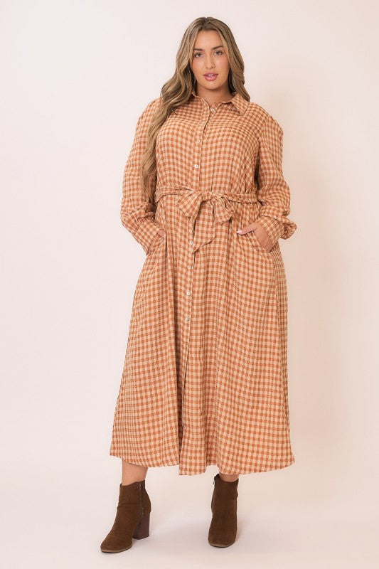 Gingham long sleeve button-down tie waist maxi dress from Cozy Co, featuring a classic checkered pattern and relaxed fit.