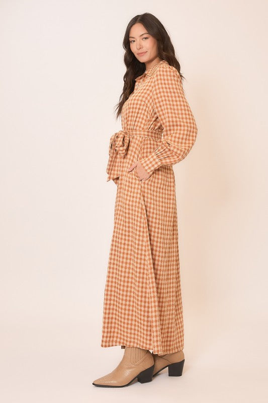 Gingham long sleeve button-down tie waist maxi dress by Cozy Co, featuring a classic pattern and flowing silhouette.