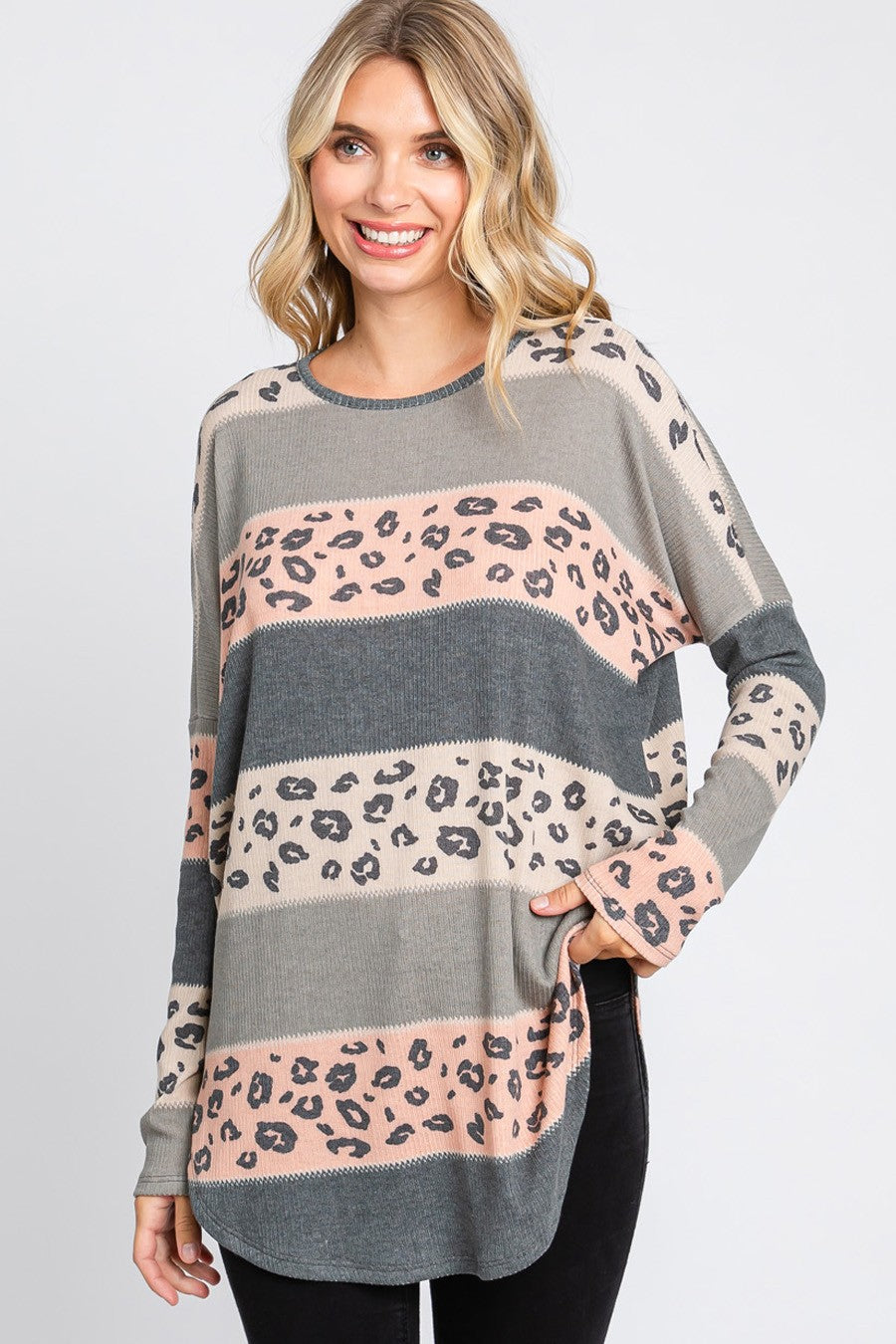 Women's multi-color leopard print long sleeve tunic with round hem by Cream N Sugar, casual and stylish women's top.
