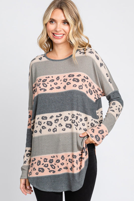 Women's multi-color leopard print long sleeve tunic with round hem by Cream N Sugar, casual and stylish women's top.