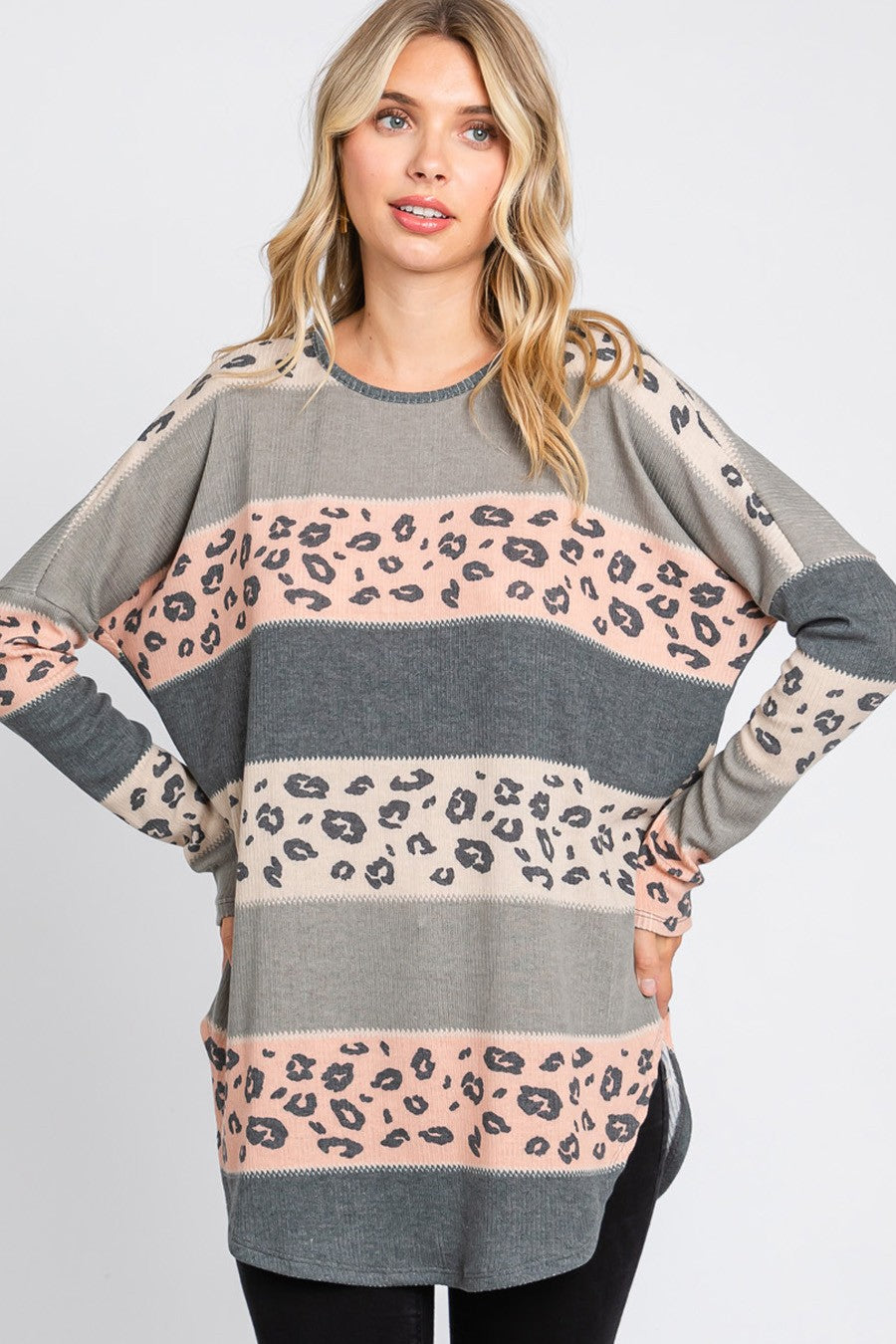 Women's Cream N Sugar long sleeve tunic with multi-color leopard print and round hem, stylish and comfortable women's top.