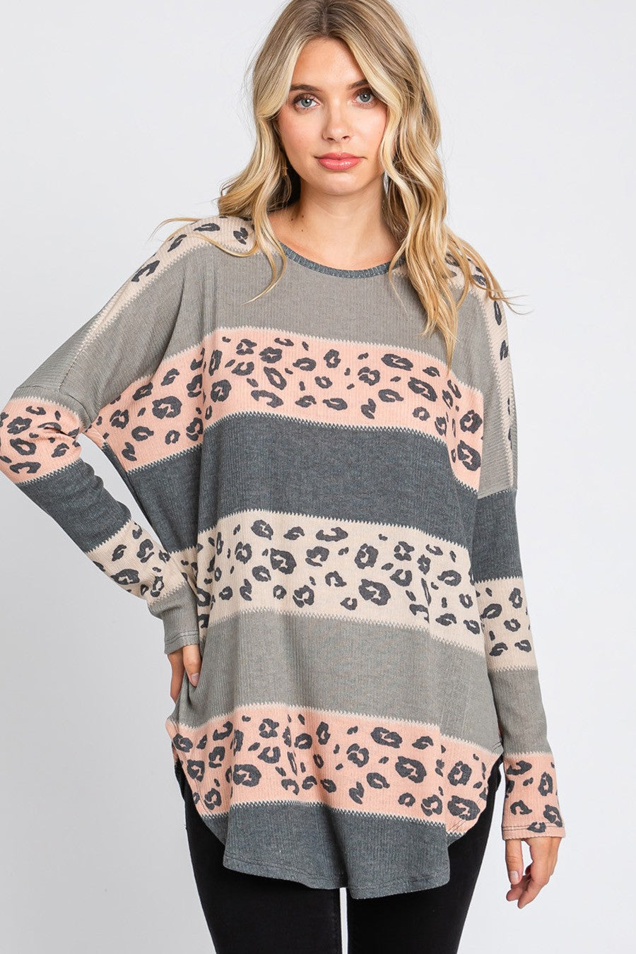 Women's multi-color leopard print long sleeve tunic top with round hem by Cream N Sugar.