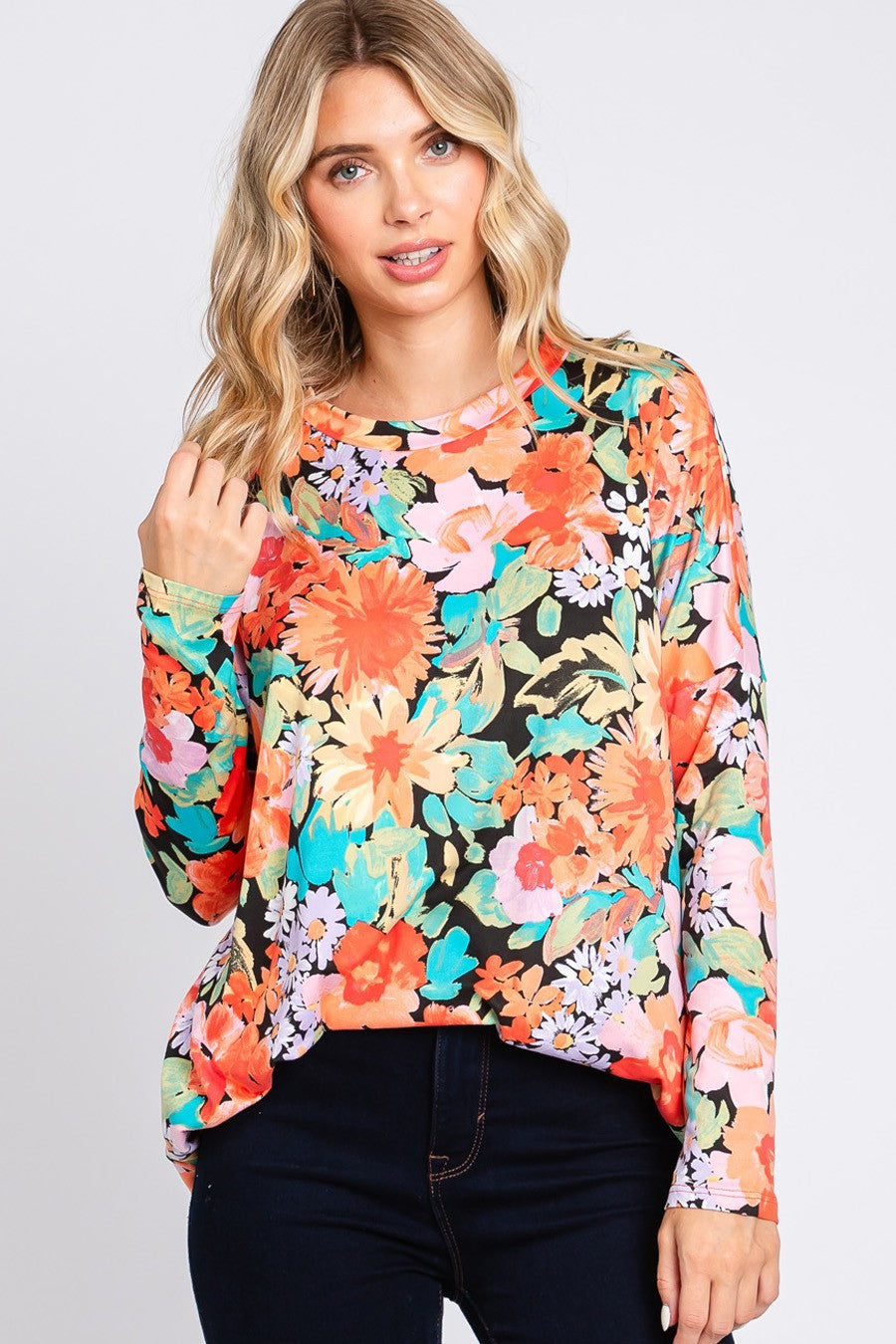 Cream N Sugar floral print long sleeve loose fit top, plus size, with a relaxed fit and vibrant floral pattern.