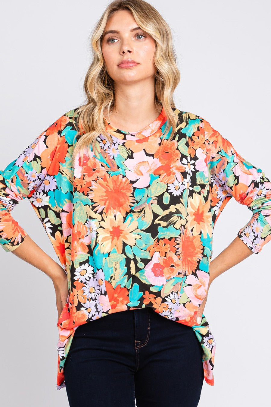 Cream N Sugar floral print long sleeve loose fit top, stylish women's blouse with vibrant flower pattern and comfortable fit.