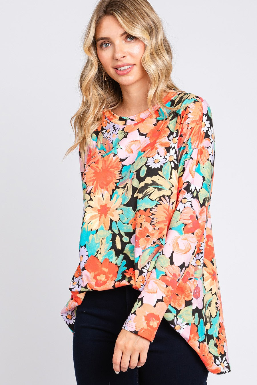 Cream N Sugar floral print long sleeve loose fit top for women, featuring a stylish and comfortable design with a soft fabric.