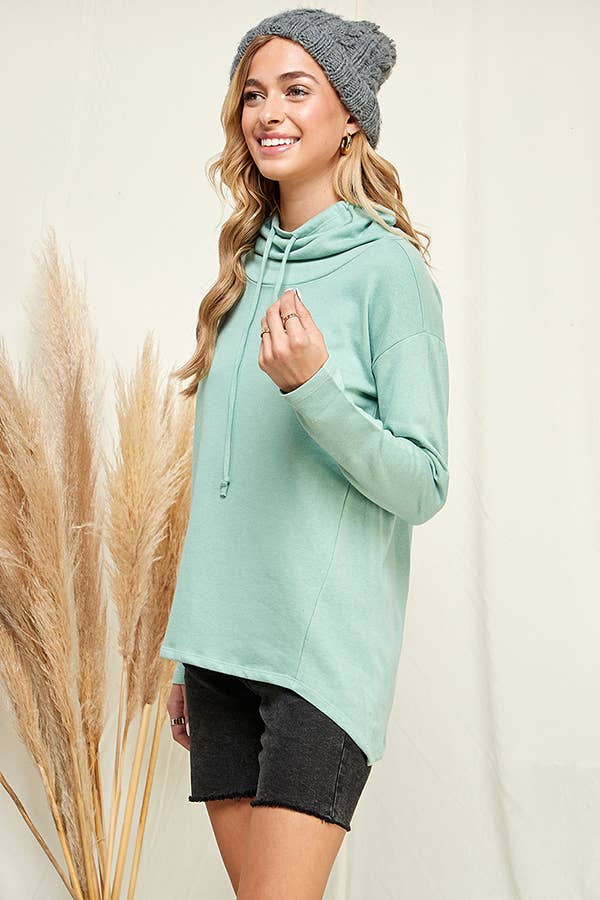 Culture Code high neck long sleeve top with high-low hem in soft white fabric, featuring a stylish and comfortable design.