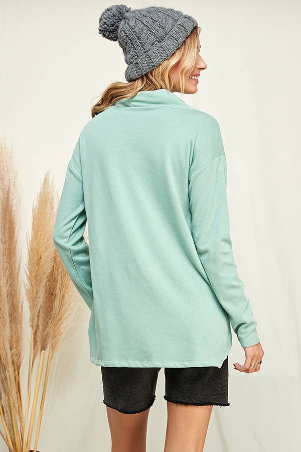 Culture Code high neck long sleeve top with high-low hem in soft white fabric, featuring a stylish and versatile design.