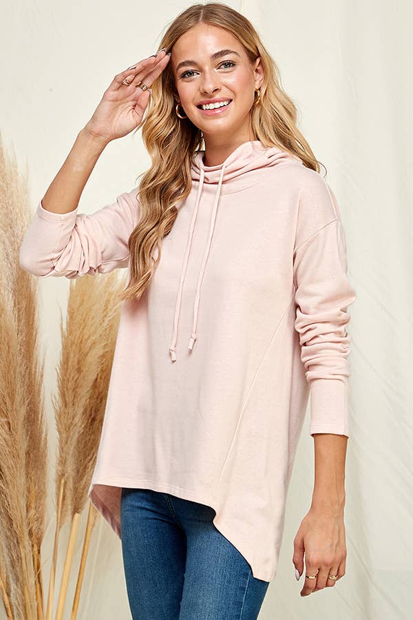 Culture Code white long sleeve top with high neck and high-low hem, featuring a stylish, soft fabric design.