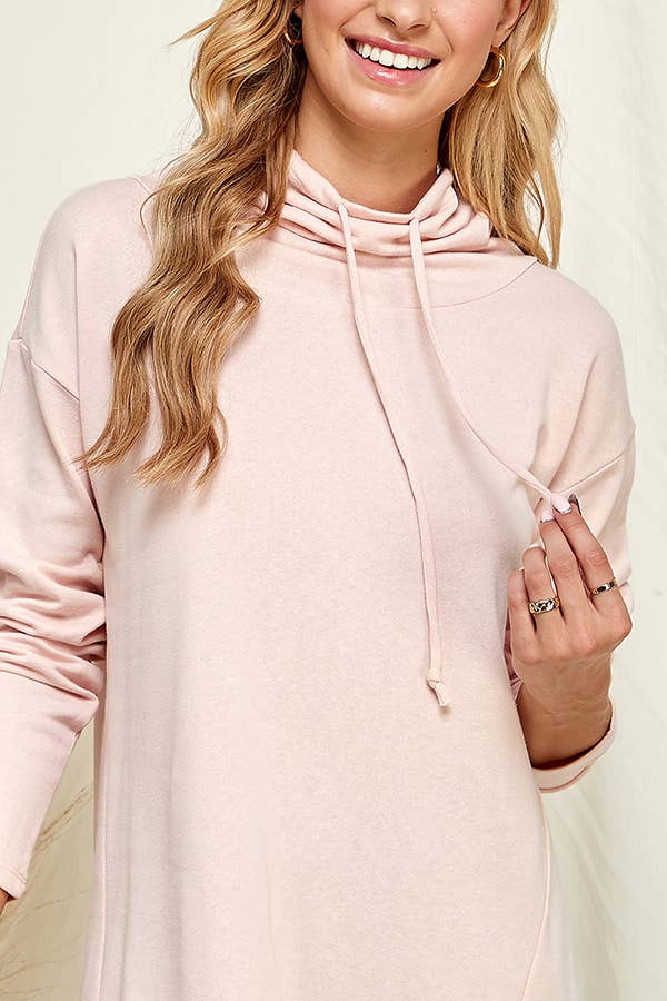 Culture Code high neck long sleeve top with high-low hem in soft white fabric, showcasing a stylish, versatile design.