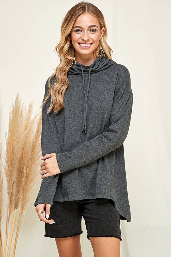 Culture Code high neck long sleeve top with high-low hem in soft white, stylish and comfortable women's long sleeve shirt.