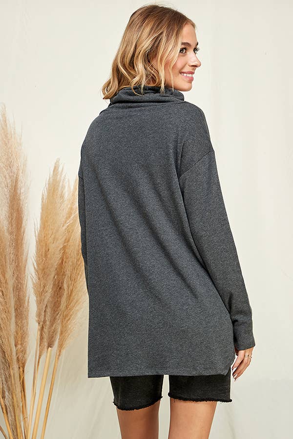 Culture Code high neck long sleeve top with high-low hem in soft white, featuring a stylish and versatile design.