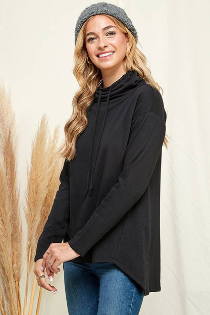 Culture Code high neck long sleeve top with high-low hem in soft white, stylish and comfortable for casual wear.