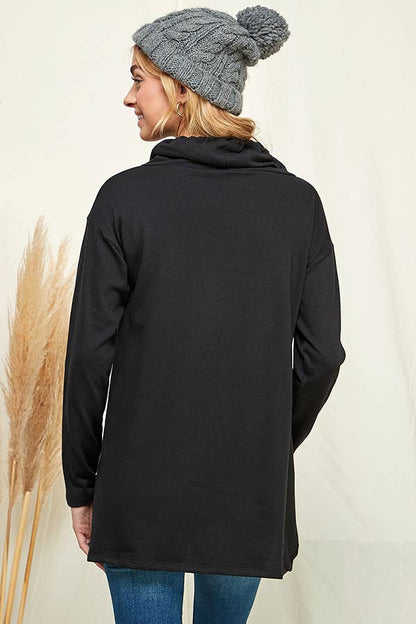 Culture Code high neck long sleeve top with high-low hem in soft white fabric, stylish and comfortable for casual wear.