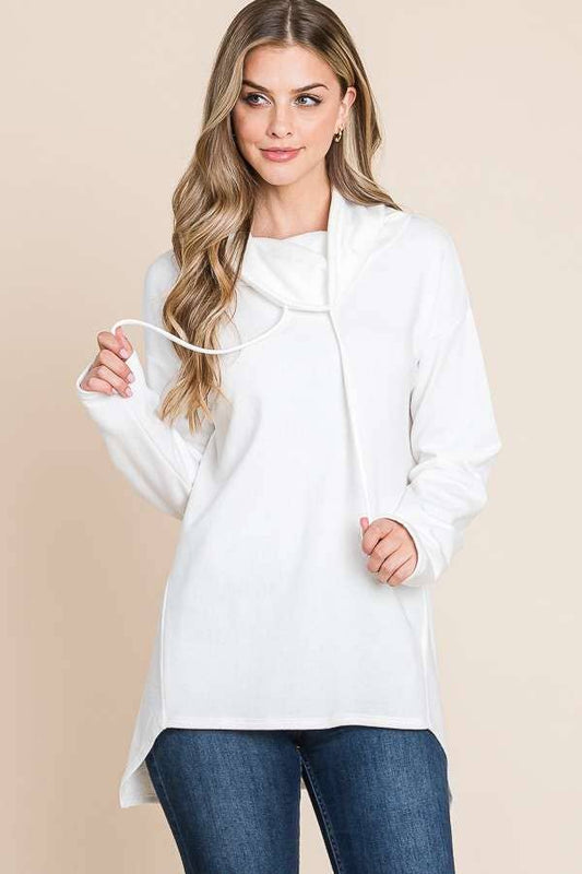 Culture Code high neck long sleeve top with high-low hem in soft white fabric, stylish and versatile for casual wear.