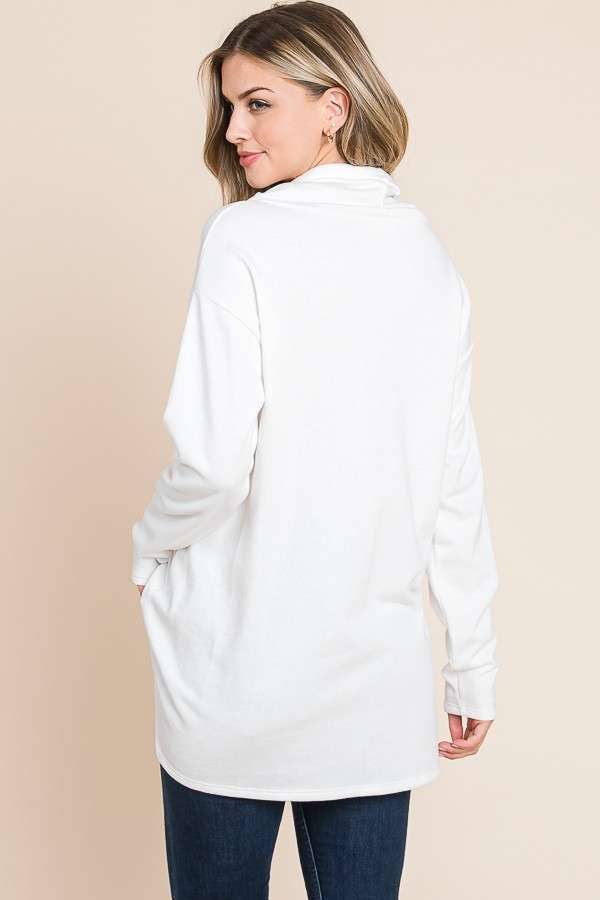 Culture Code high neck long sleeve top with high-low hem in soft white fabric, stylish and comfortable for casual wear.