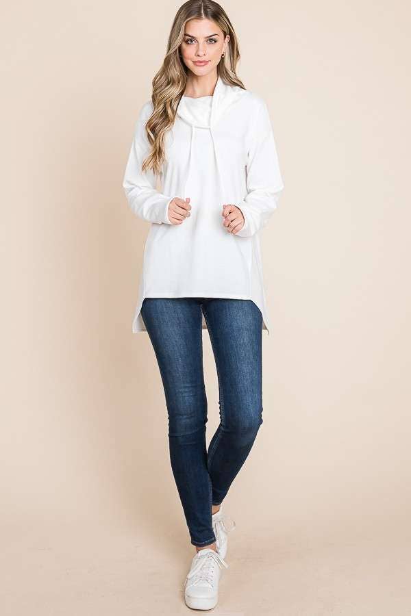 Culture Code high neck long sleeve top with high-low hem in soft white fabric, showcasing a stylish casual design.