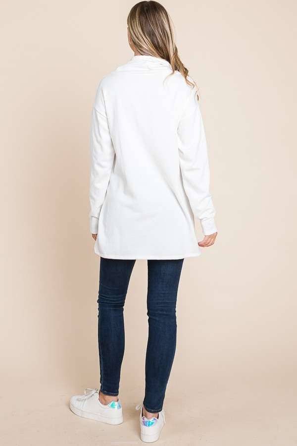 Culture Code high neck long sleeve top with high-low hem in soft white fabric, stylish and comfortable for casual wear.