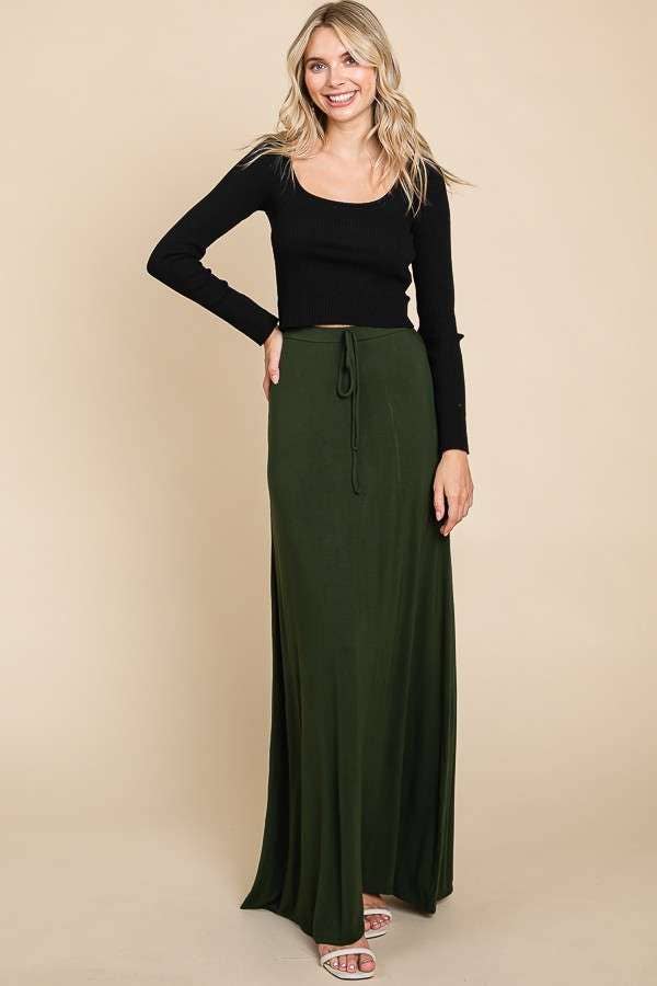 Culture Code draw string flare maxi skirt in small ecru cream, showcasing a flowy, lightweight design with a comfortable waistband.