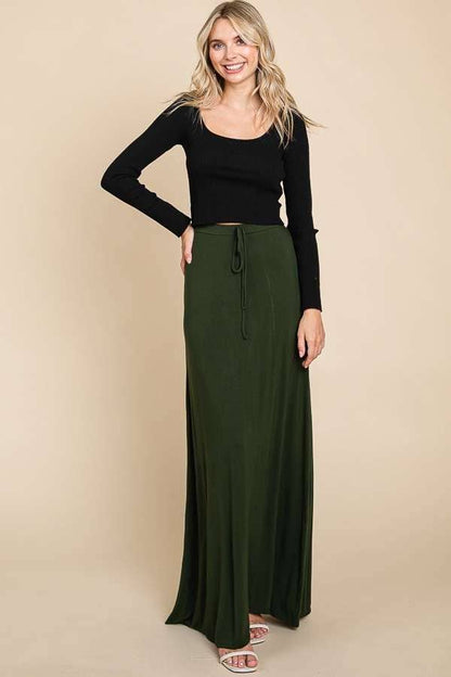 Culture Code draw string flare maxi skirt in small ecru cream, showcasing a flowy, lightweight design with a comfortable waistband.