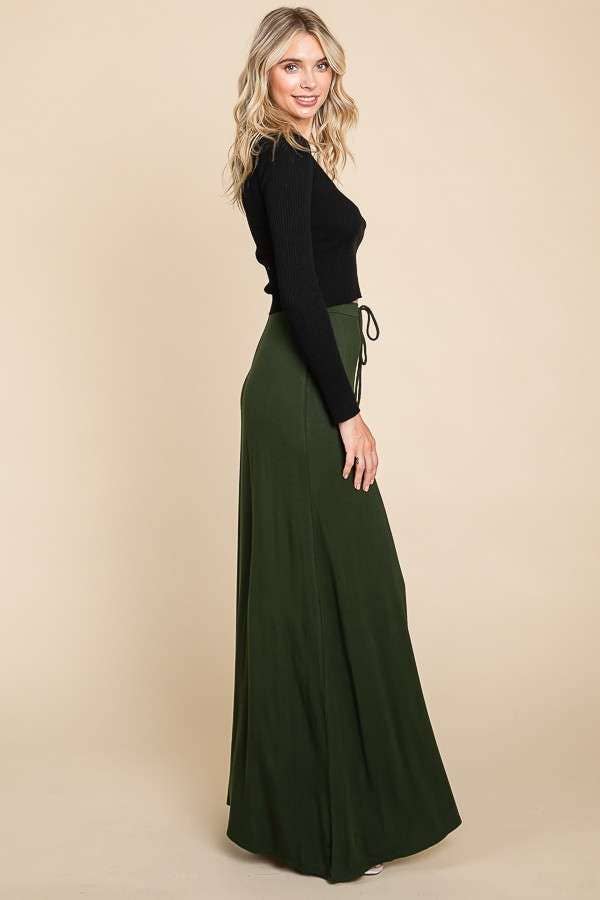 Culture Code ecru drawstring flare maxi skirt with a relaxed fit and flowing silhouette, shown on a model.